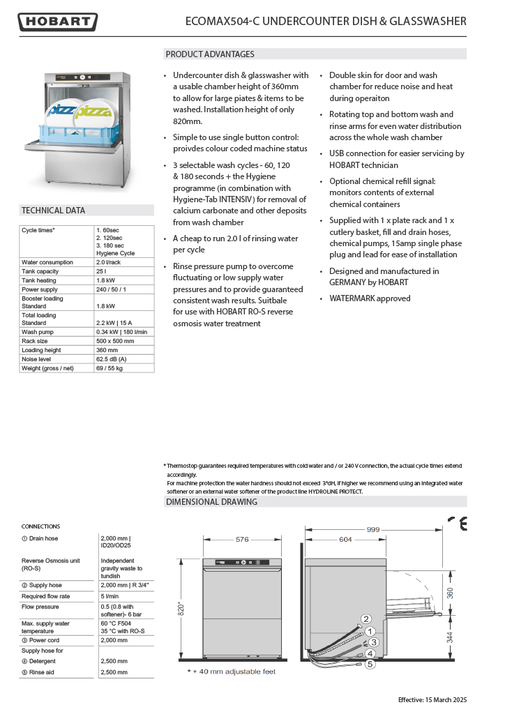 Hobart Ecomax 504 underbench dishwasher 576 x 604 x 820