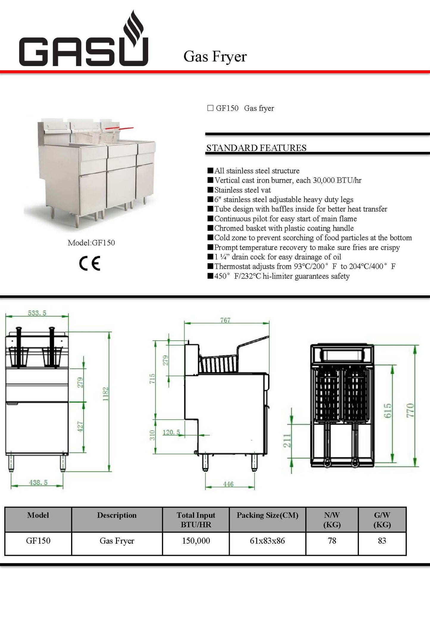 Gasu GFG0150 Gas Fryer With 2 Baskets 36lt 533w x 767d x 1182h