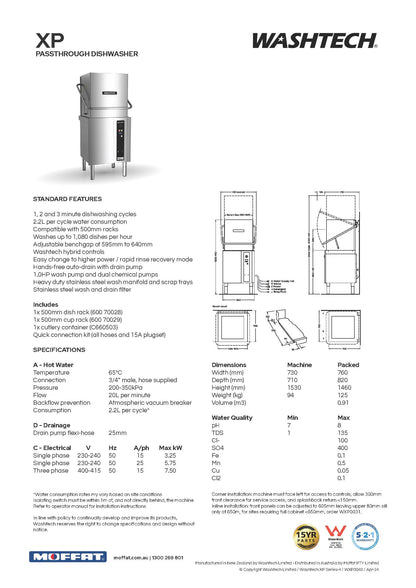 Washtech XP Economy Passthrough Dishwasher 500mm Rack Field Changeable 15amp 3.75kw or 3 Phase 9.0kw 730W X 720D X 1530H